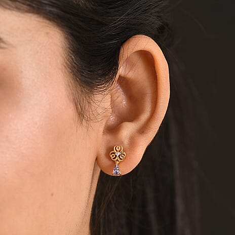 Luxuriant - Tanzanite & Lab Grown Diamond (SI-G-H) Floral Drop Earring with Push Post in Yellow Gold Plated Sterling Silver