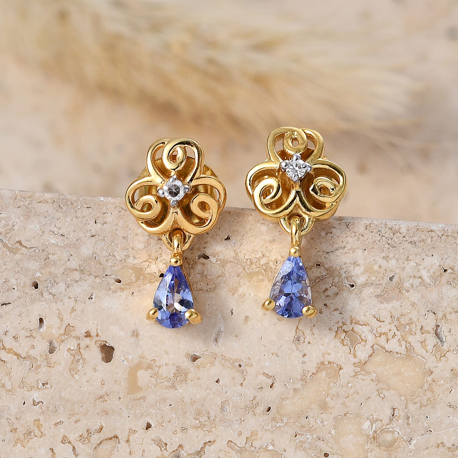 Luxuriant - Tanzanite & Lab Grown Diamond (SI-G-H) Floral Drop Earring with Push Post in Yellow Gold Plated Sterling Silver