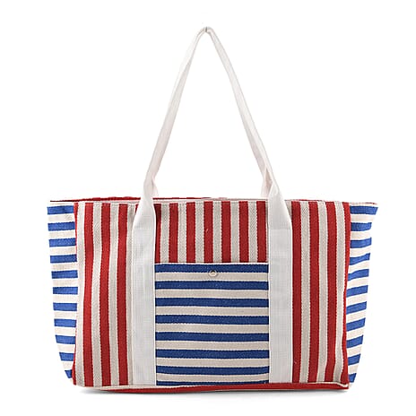 Nautical Striped Large Beach Tote Bag - Blue Red