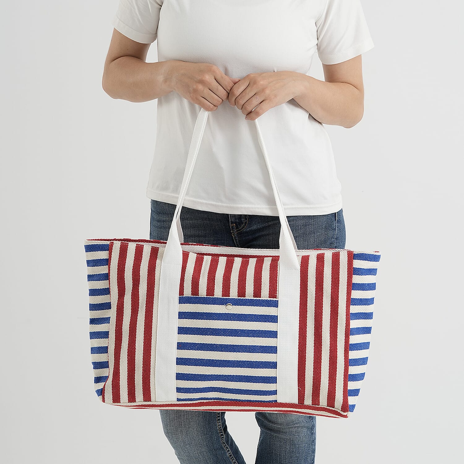 Nautical Striped Large Beach Tote Bag - Blue Red