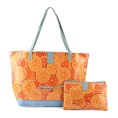 Set of 2 Printed Tote Bag with Matching Pouch - Orange & Blue