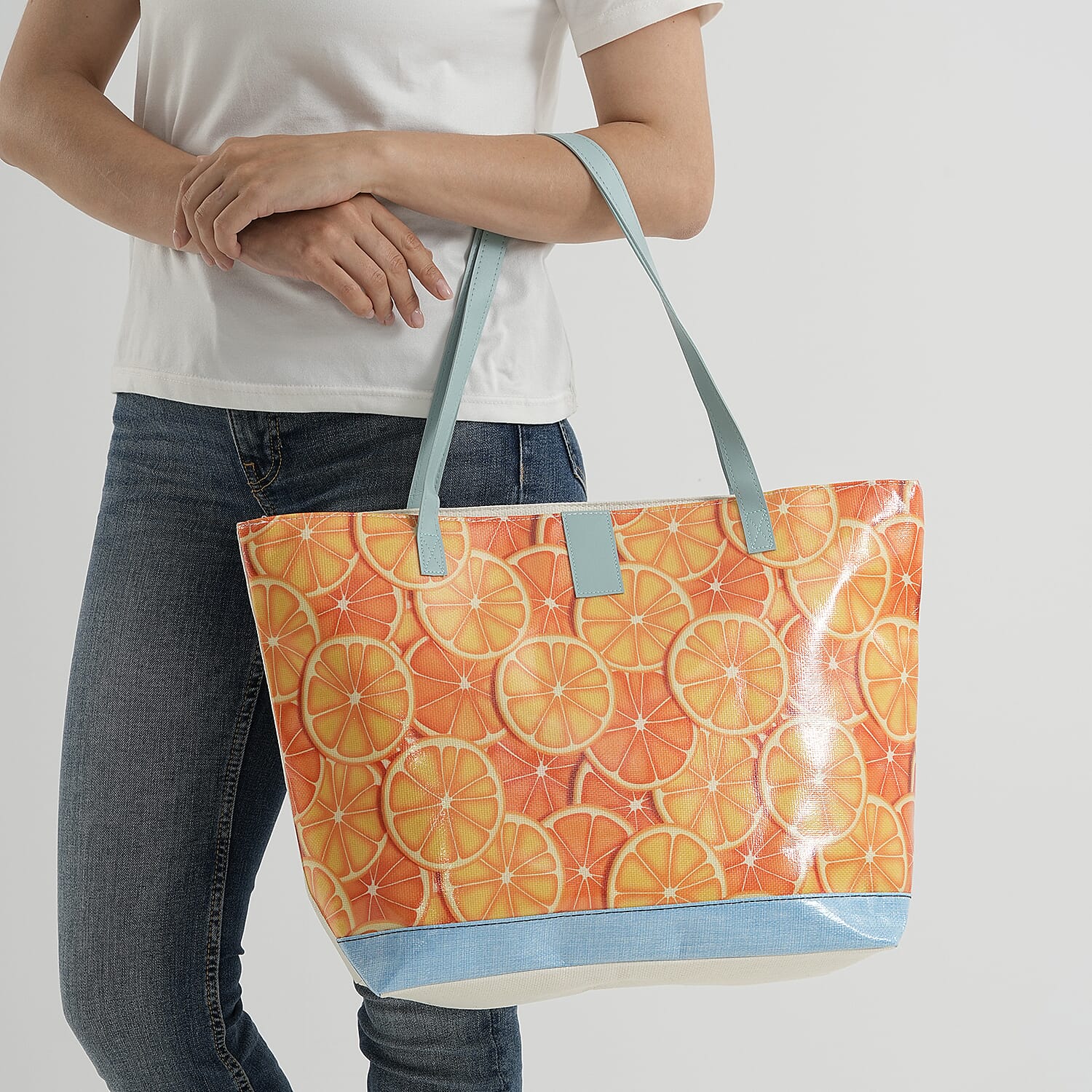 Set of 2 Printed Tote Bag with Matching Pouch - Orange & Blue