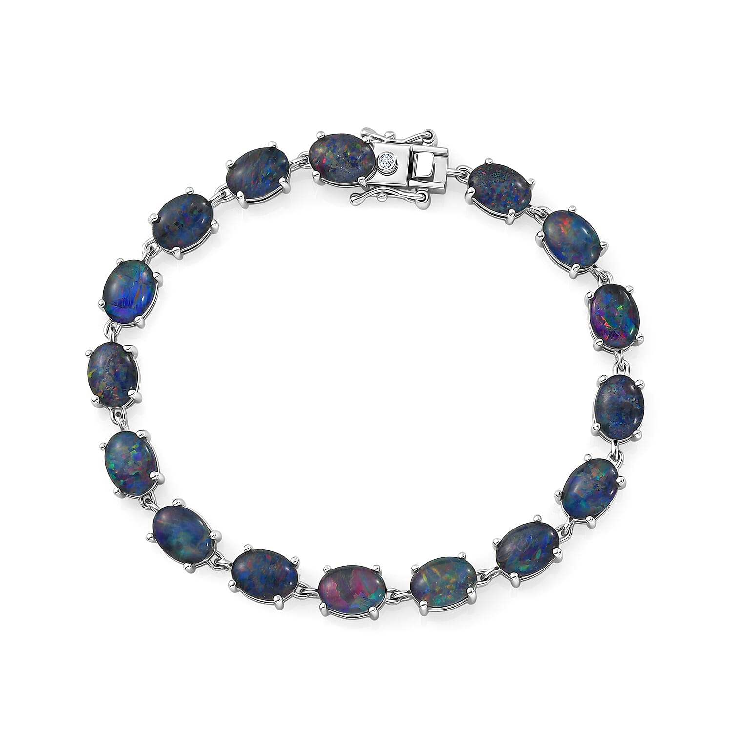 D'Joy - Boulder Opal Triplet & White Zircon Cluster Bracelet (Size - 7) with GB Lock Box in Rhodium Overlay Sterling Silver 12.82 Ct.