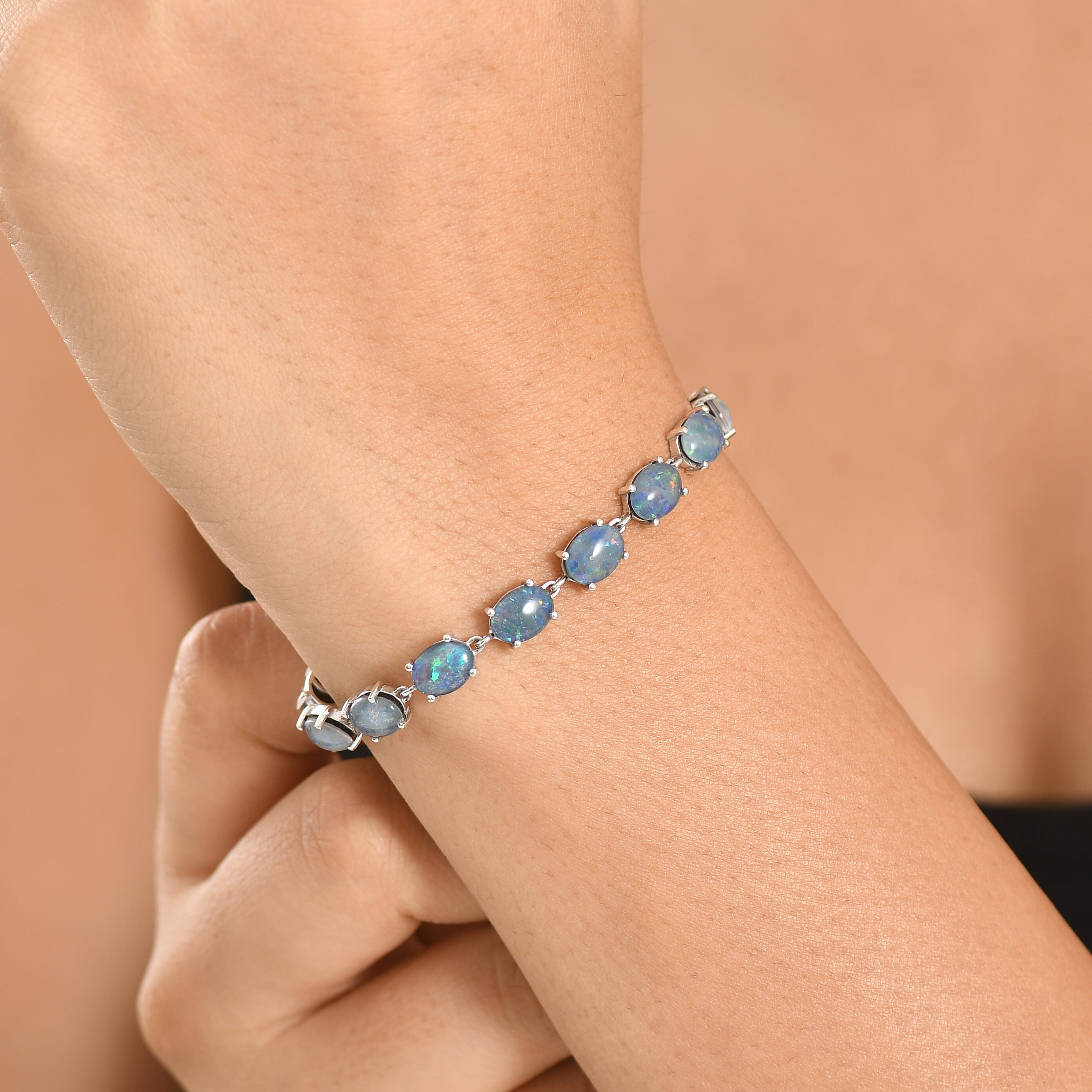 D'Joy - Boulder Opal Triplet & White Zircon Cluster Bracelet (Size - 7) with GB Lock Box in Rhodium Overlay Sterling Silver 12.82 Ct.