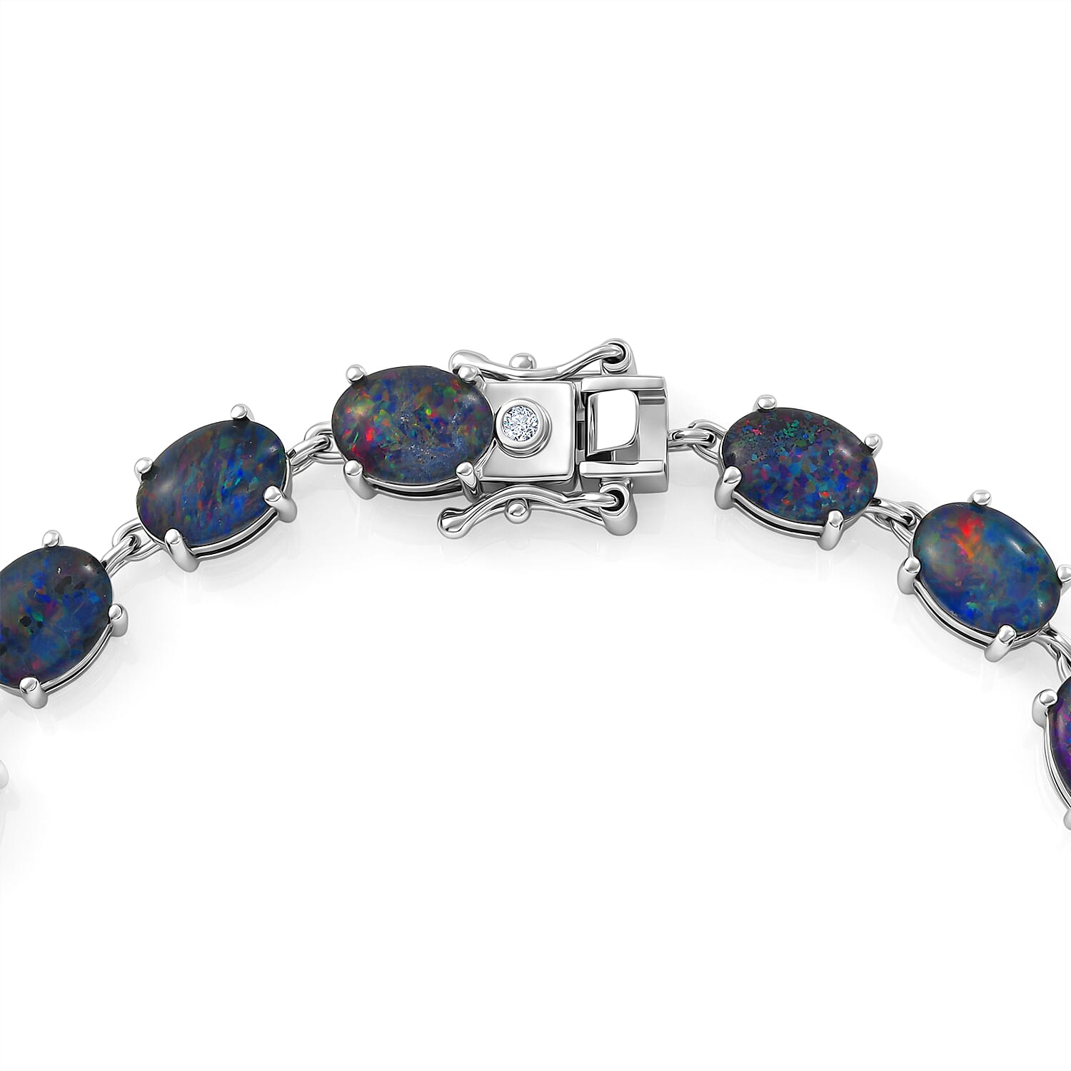 D'Joy - Boulder Opal Triplet & White Zircon Cluster Bracelet (Size - 7) with GB Lock Box in Rhodium Overlay Sterling Silver 12.82 Ct.