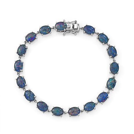 D'Joy - Boulder Opal Triplet & White Zircon Cluster Bracelet (Size - 7.5) with GB Lock Box in Rhodium Overlay Sterling Silver 14.53 Ct.