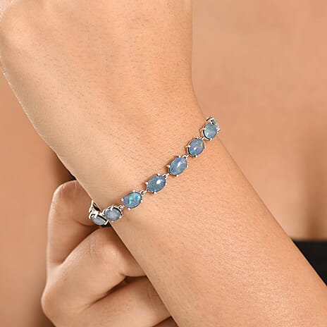 D'Joy - Boulder Opal Triplet & White Zircon Cluster Bracelet (Size - 7.5) with GB Lock Box in Rhodium Overlay Sterling Silver 14.53 Ct.