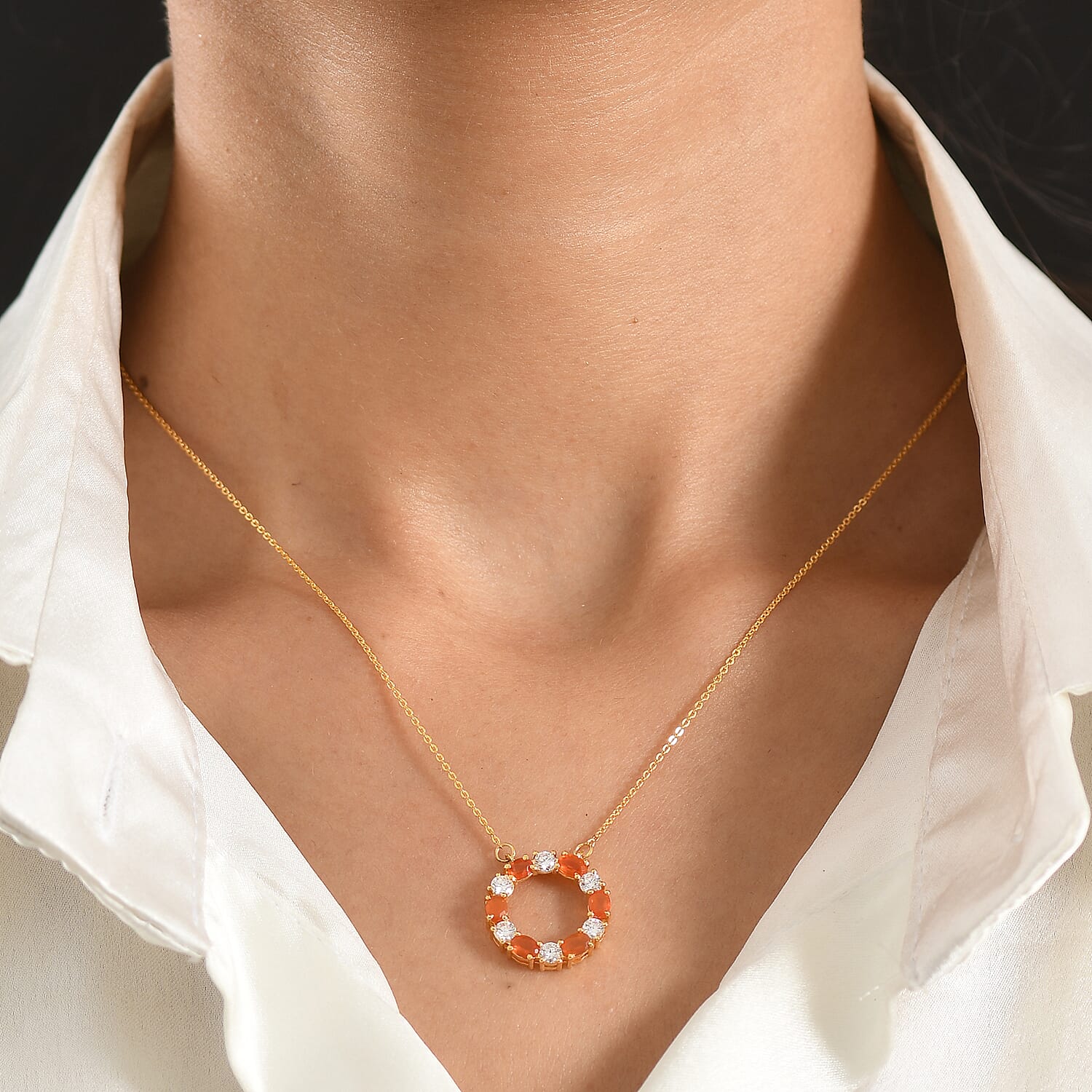 D'Joy - Fire Opal & Moissanite Necklace (Size - 20) with Lobster Clasp in Yellow Gold Plated Sterling Silver