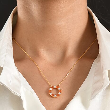 D'Joy - Fire Opal & Moissanite Necklace (Size - 20) with Lobster Clasp in Yellow Gold Plated Sterling Silver