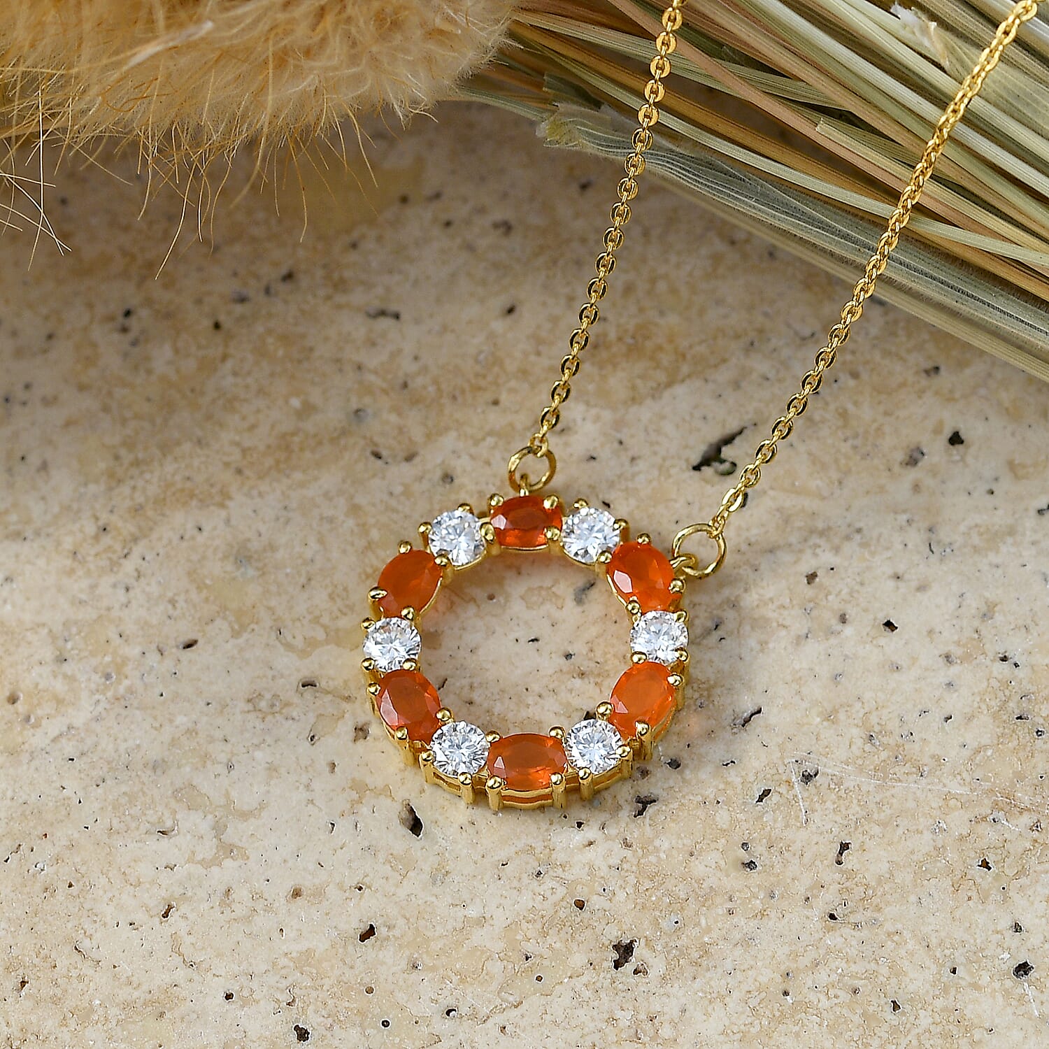 D'Joy - Fire Opal & Moissanite Necklace (Size - 20) with Lobster Clasp in Yellow Gold Plated Sterling Silver