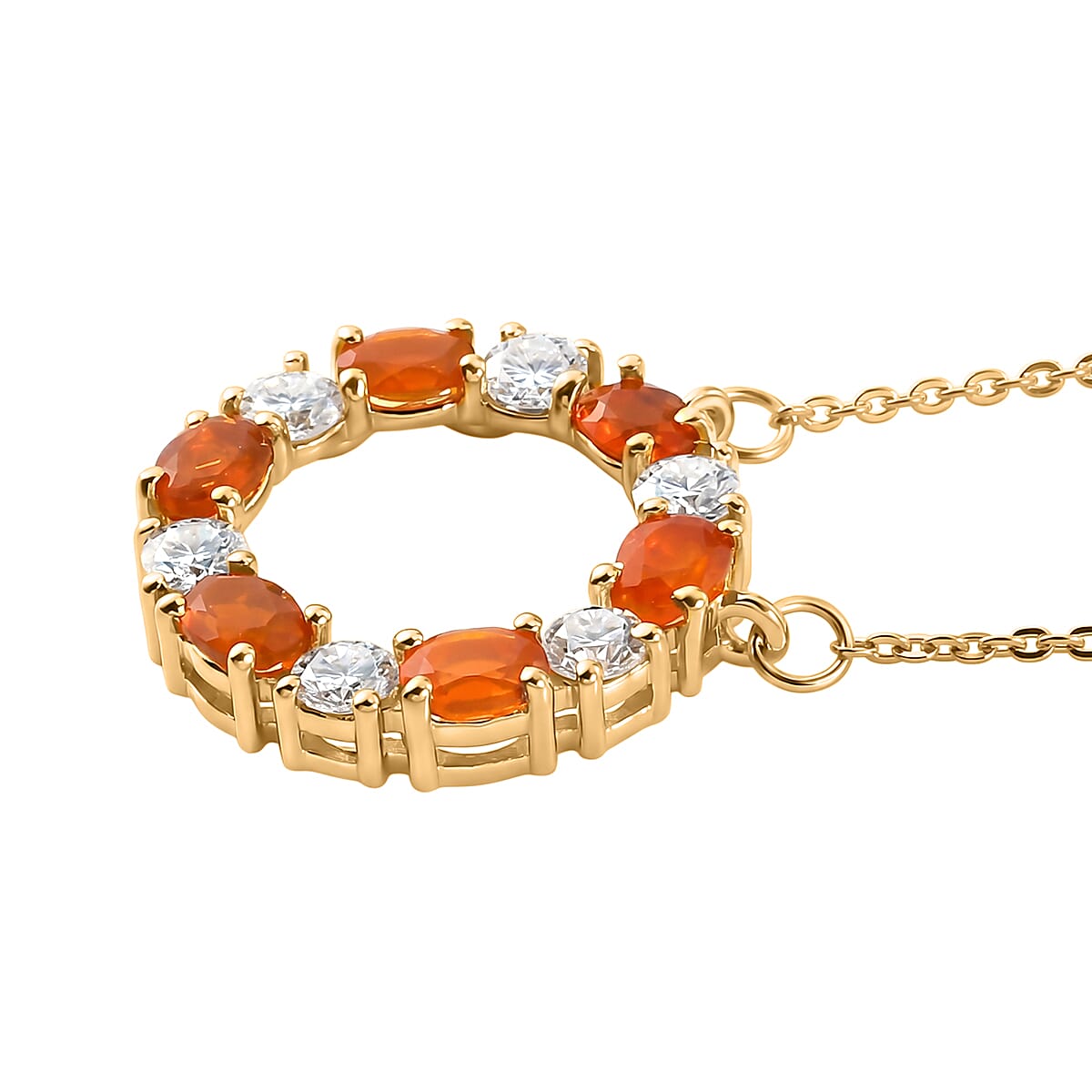 D'Joy - Fire Opal & Moissanite Necklace (Size - 20) with Lobster Clasp in Yellow Gold Plated Sterling Silver
