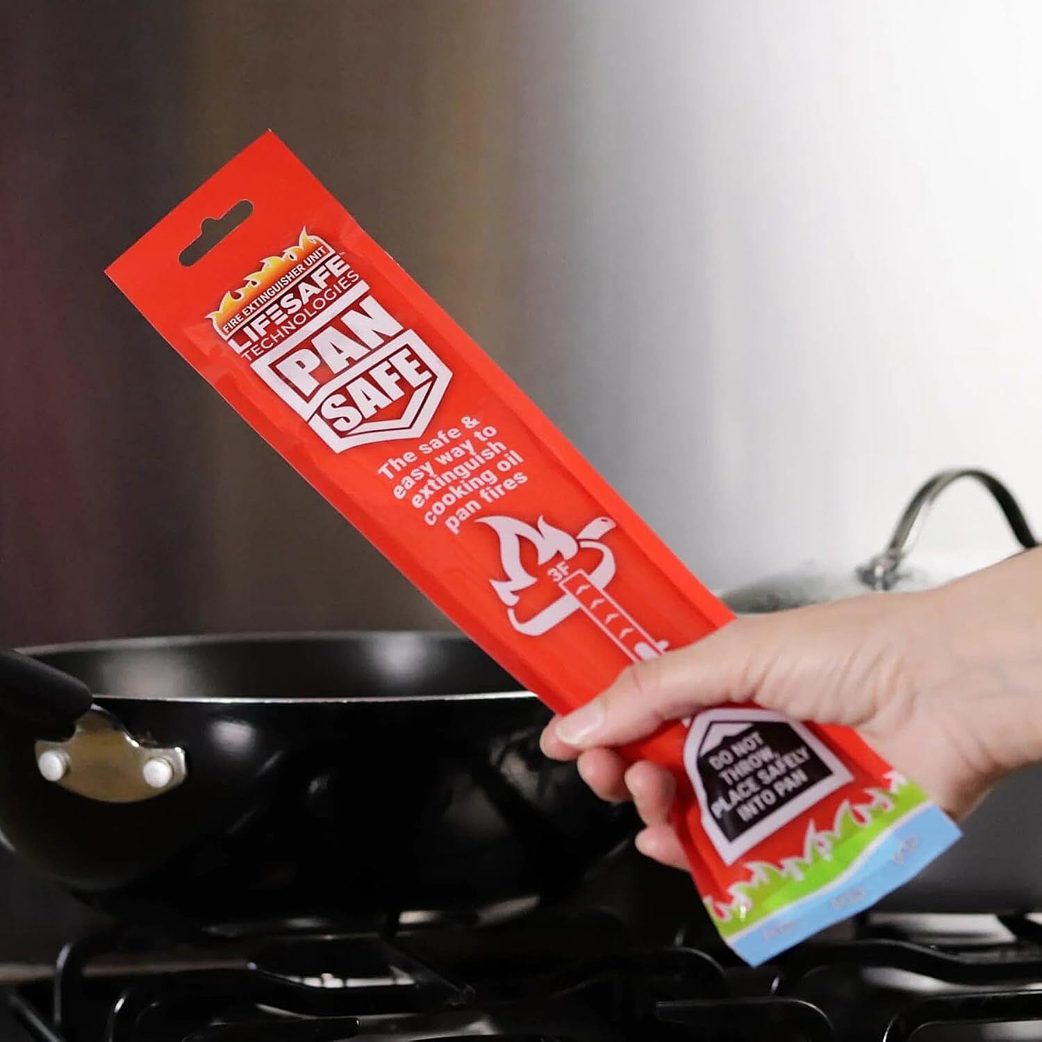 LifeSafe Technologies PanSafe Fire Extinguisher - Non Toxic Eco Friendly Kitchen Fire Safety Device - Premium Drop In Cooking Oil Sachet for Instant Pan Extinguishing - Red