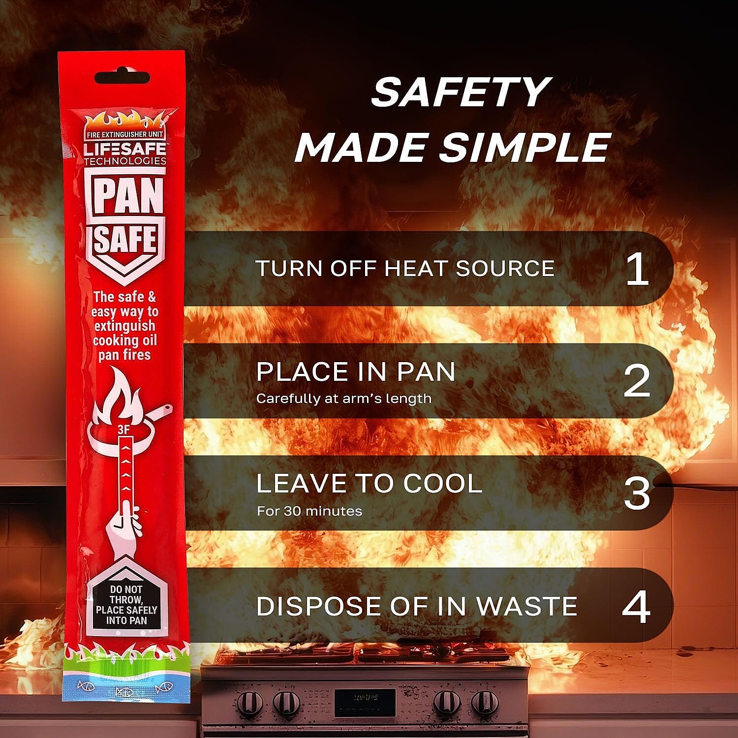 LifeSafe Technologies PanSafe Fire Extinguisher - Non Toxic Eco Friendly Kitchen Fire Safety Device - Premium Drop In Cooking Oil Sachet for Instant Pan Extinguishing - Red
