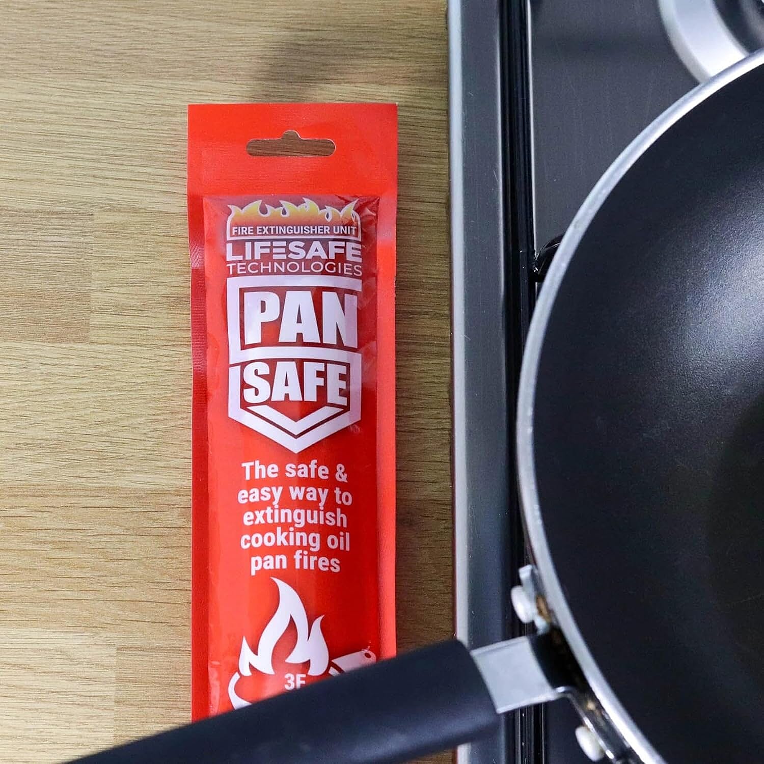 LifeSafe Technologies PanSafe Fire Extinguisher - Non Toxic Eco Friendly Kitchen Fire Safety Device - Premium Drop In Cooking Oil Sachet for Instant Pan Extinguishing - Red