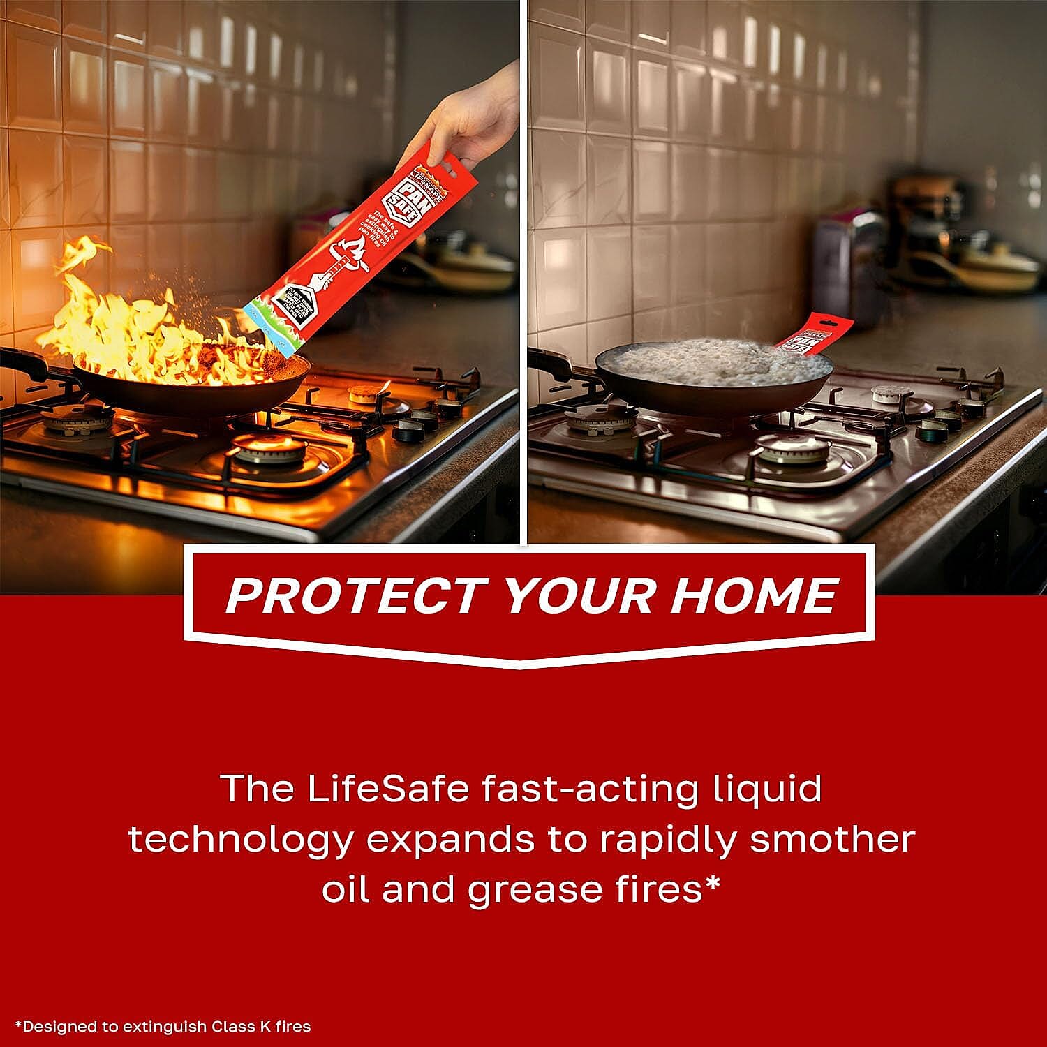 LifeSafe Technologies PanSafe Fire Extinguisher - Non Toxic Eco Friendly Kitchen Fire Safety Device - Premium Drop In Cooking Oil Sachet for Instant Pan Extinguishing - Red
