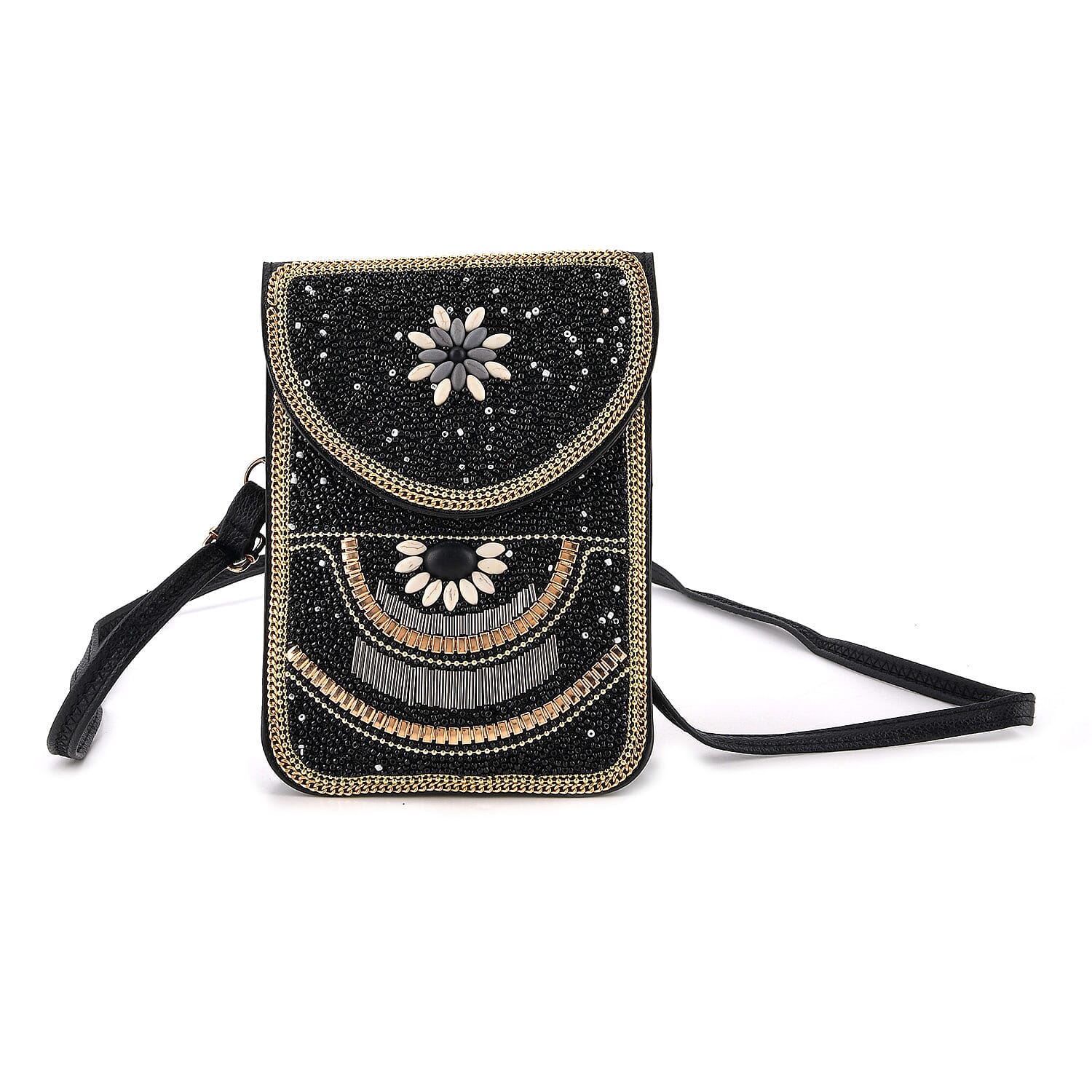 Flower Pattern Beaded Phone Crossbody Bag with Adjustable Strap - Black