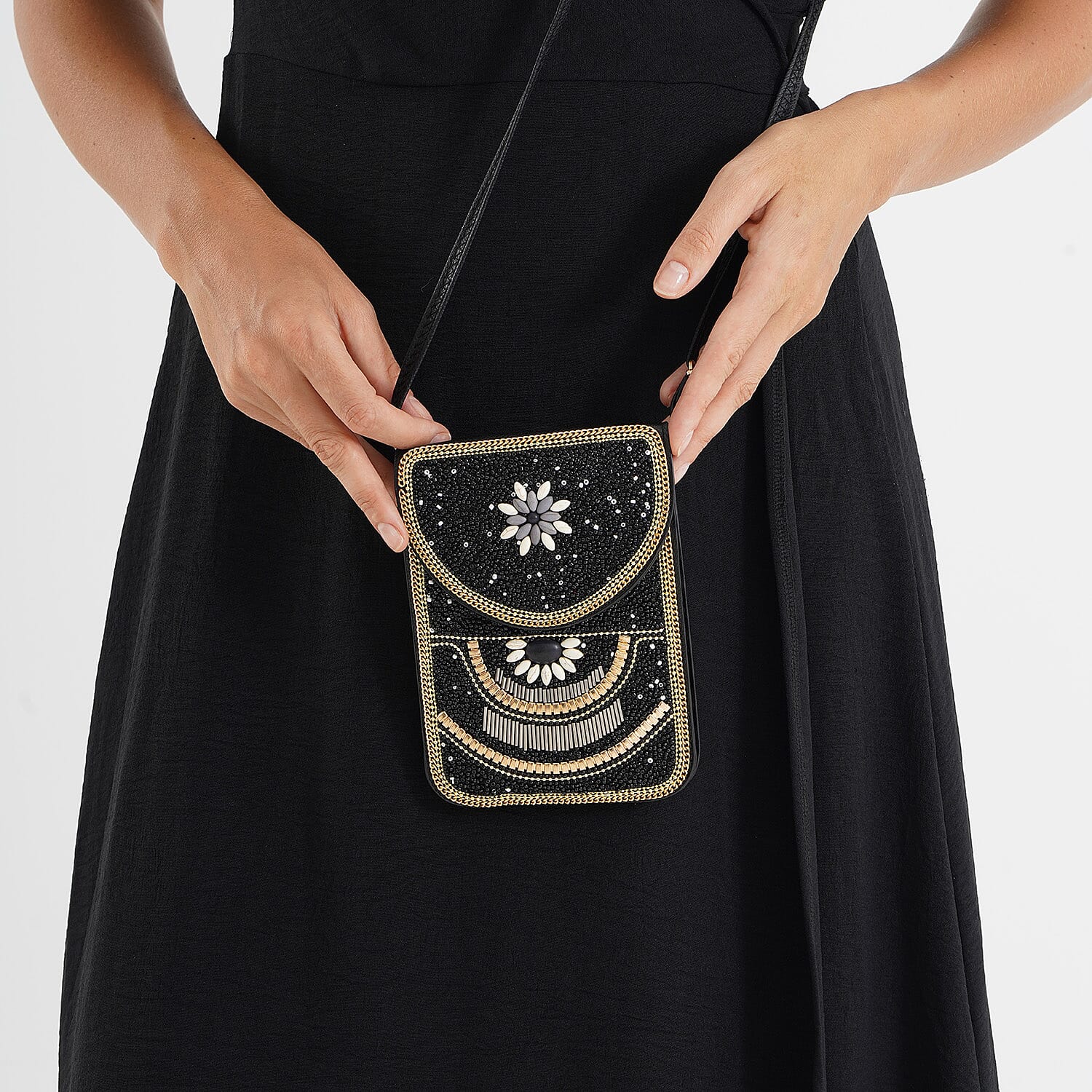 Flower Pattern Beaded Phone Crossbody Bag with Adjustable Strap - Black