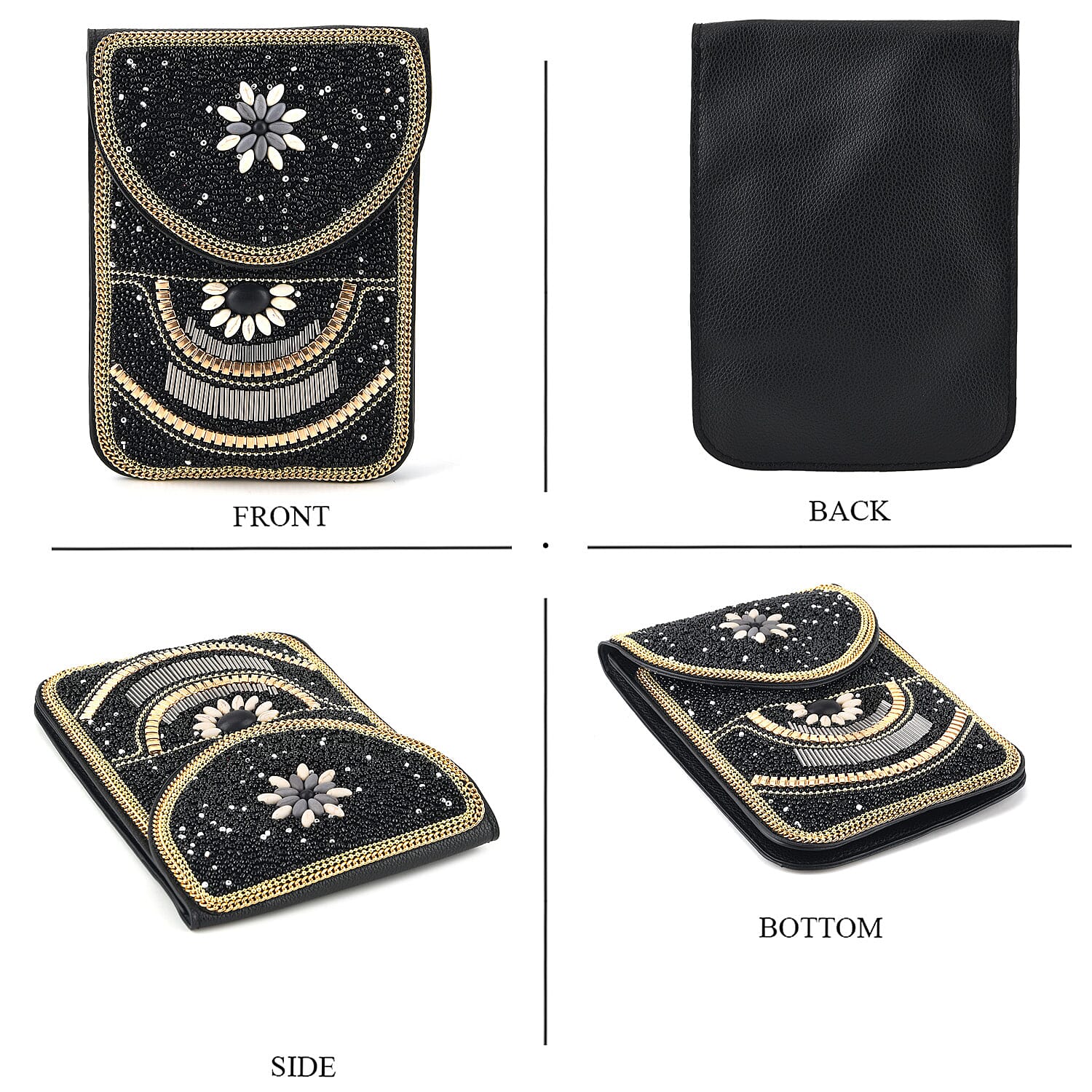 Flower Pattern Beaded Phone Crossbody Bag with Adjustable Strap - Black