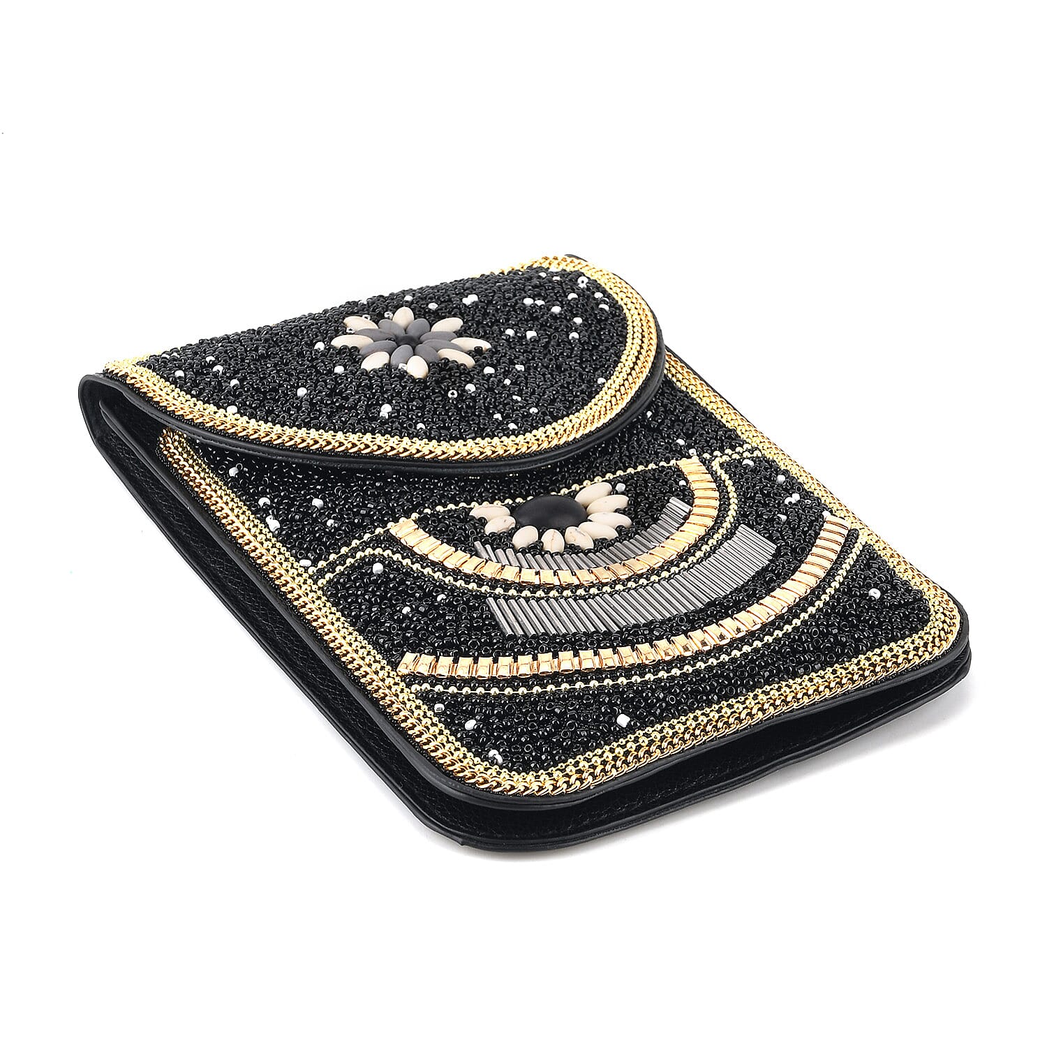 Flower Pattern Beaded Phone Crossbody Bag with Adjustable Strap - Black