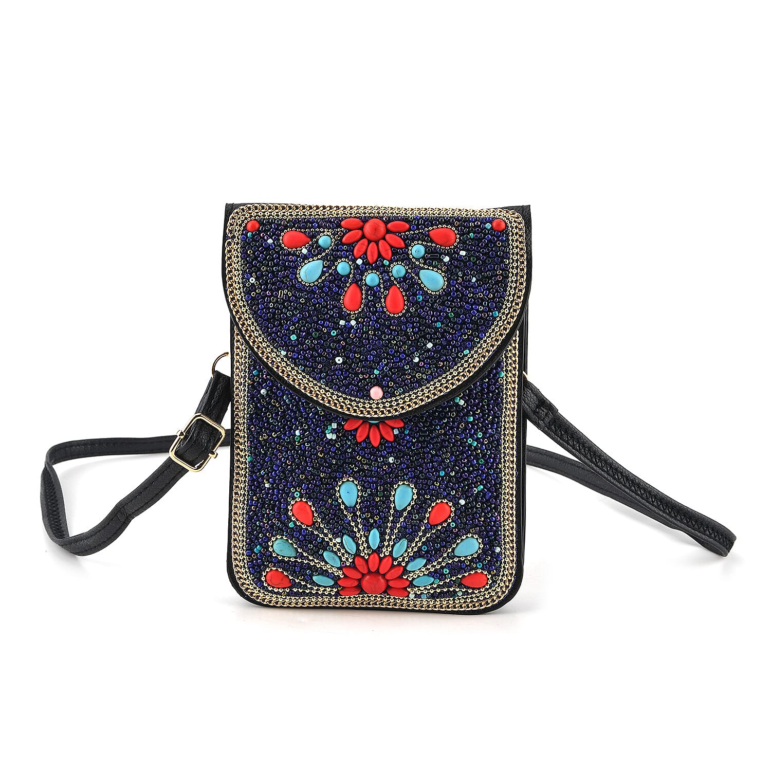 Multicolour Beaded Flower Embroidery Phone Crossbody Bag with Adjustable Strap - Black