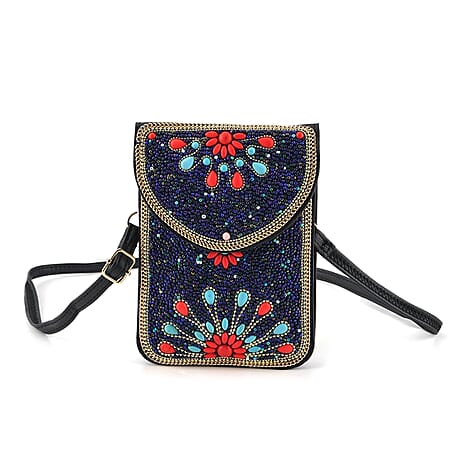 Multicolour Beaded Flower Embroidery Phone Crossbody Bag with Adjustable Strap - Black