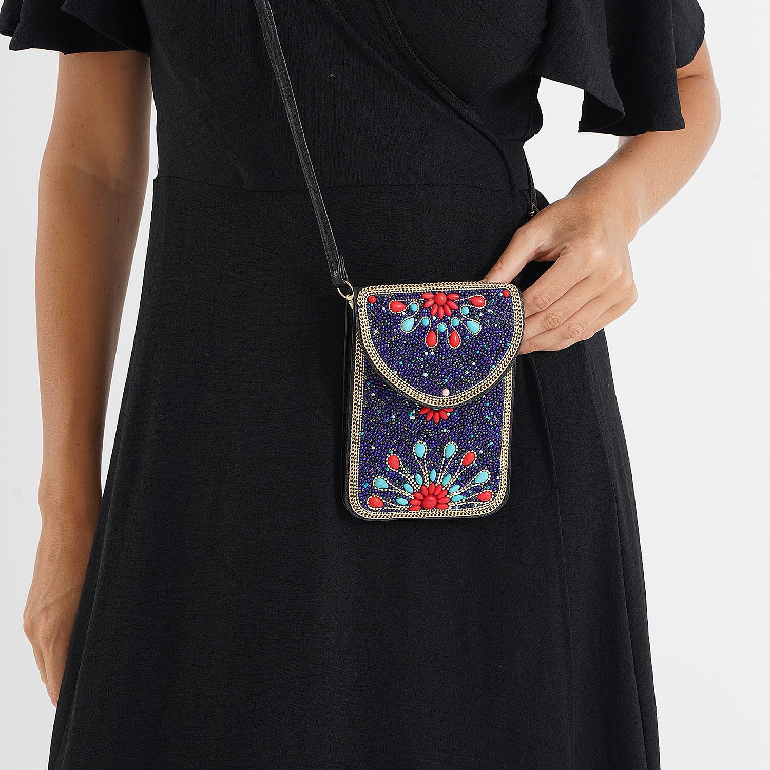 Multicolour Beaded Flower Embroidery Phone Crossbody Bag with Adjustable Strap - Black