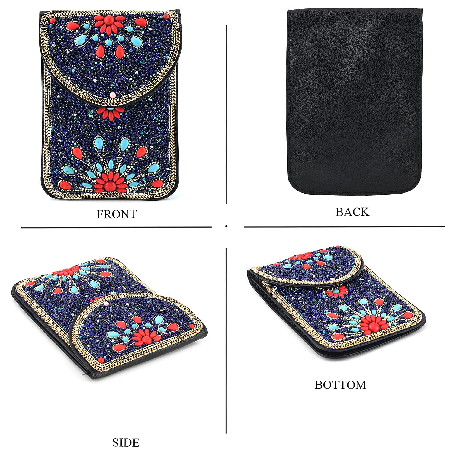 Multicolour Beaded Flower Embroidery Phone Crossbody Bag with Adjustable Strap - Black