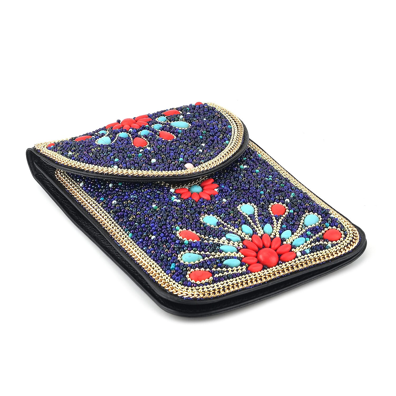 Multicolour Beaded Flower Embroidery Phone Crossbody Bag with Adjustable Strap - Black