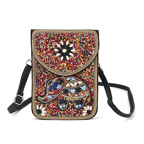 Multicolour Beaded Elephant Embroidery Phone Crossbody Bag with Adjustable Strap