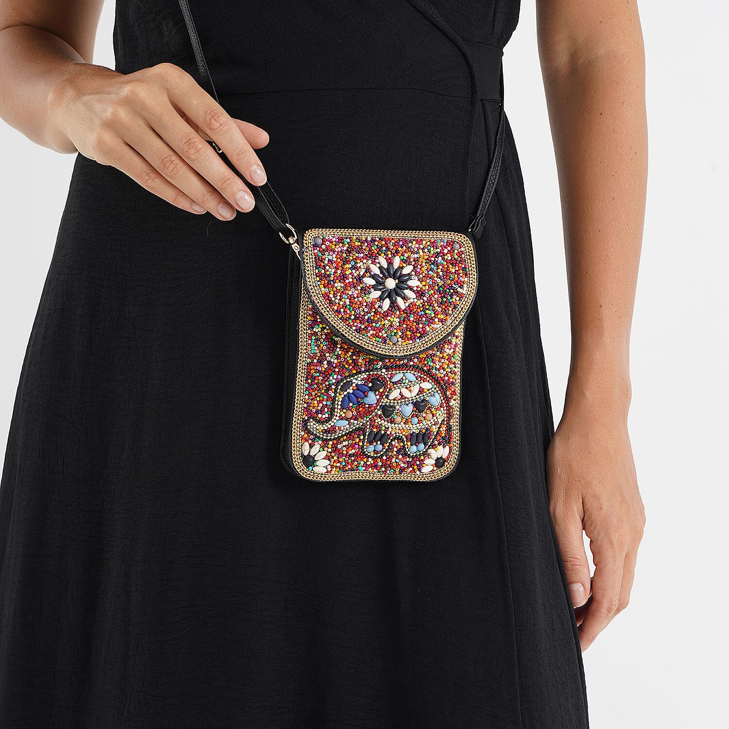 Multicolour Beaded Elephant Embroidery Phone Crossbody Bag with Adjustable Strap