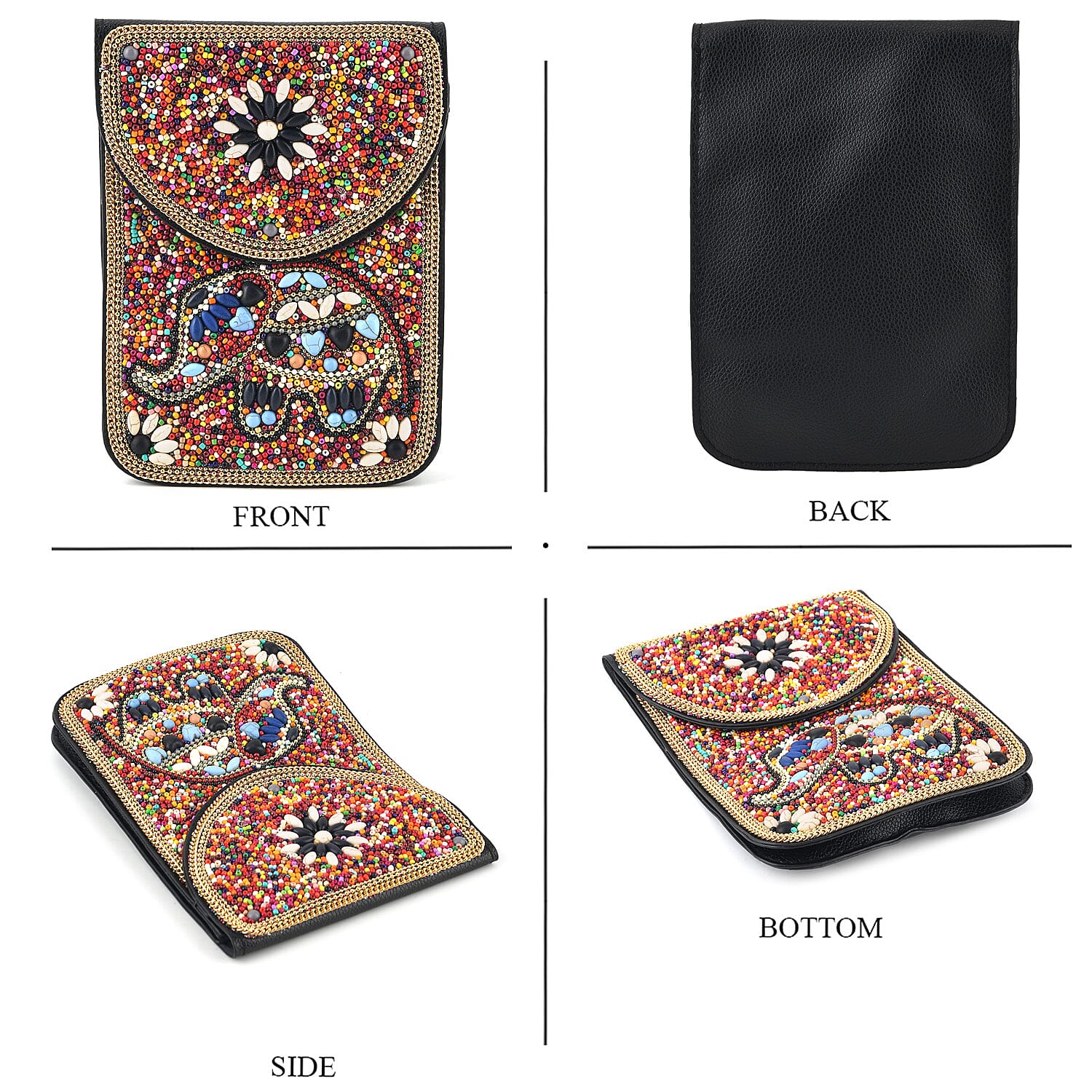 Multicolour Beaded Elephant Embroidery Phone Crossbody Bag with Adjustable Strap