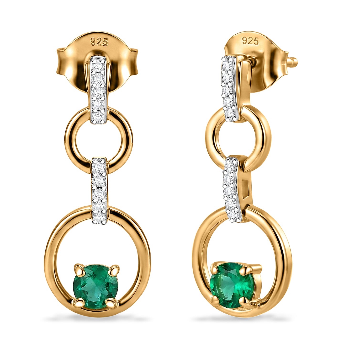Luxuriant - AAA Lab Grown Columbian Emerald & Lab Grown Diamond (SI-G-H) Dangling Earring with Push Back in 18K Vermeil Yellow Gold Plated Sterling Silver 0.60 Ct.