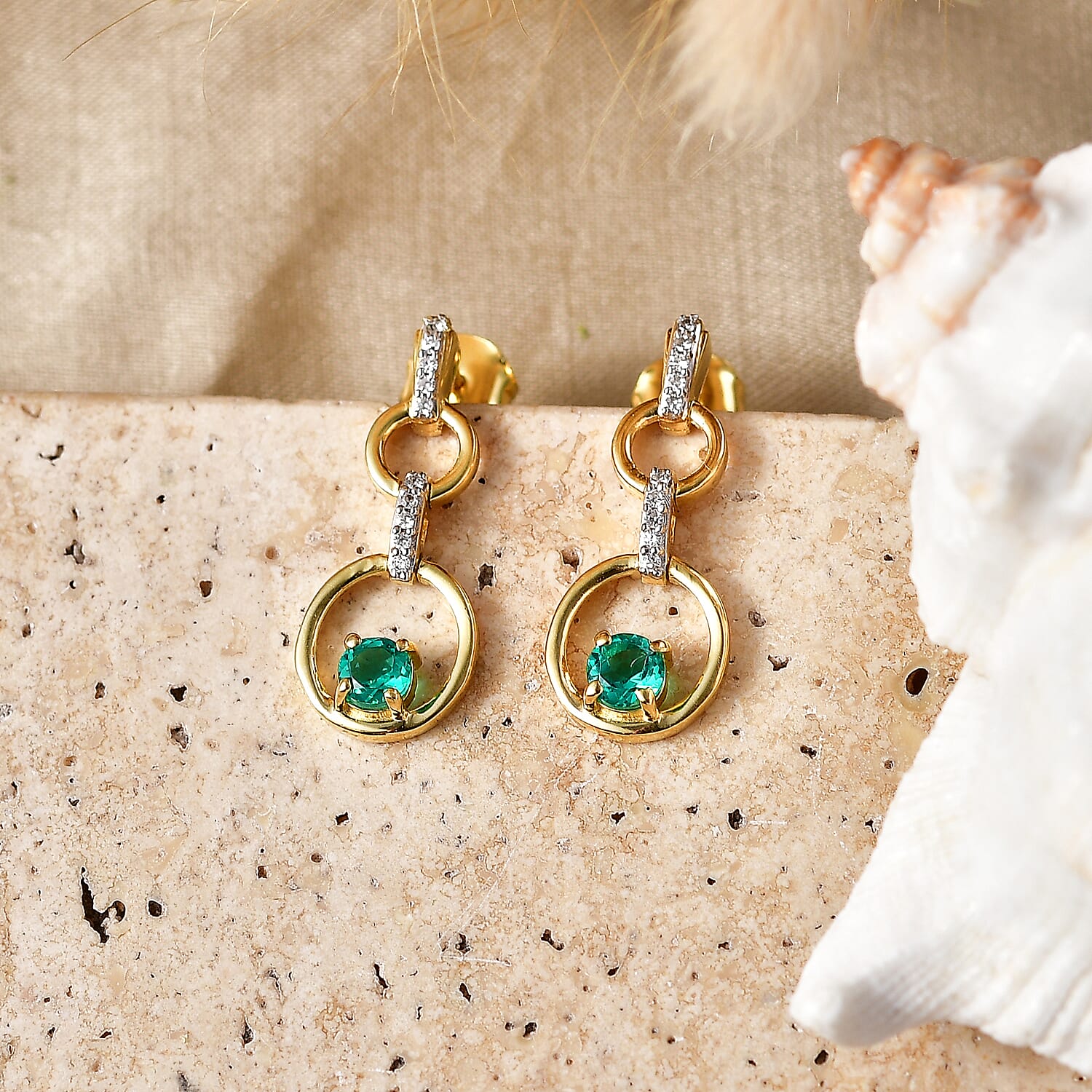 Luxuriant - AAA Lab Grown Columbian Emerald & Lab Grown Diamond (SI-G-H) Dangling Earring with Push Back in 18K Vermeil Yellow Gold Plated Sterling Silver 0.60 Ct.