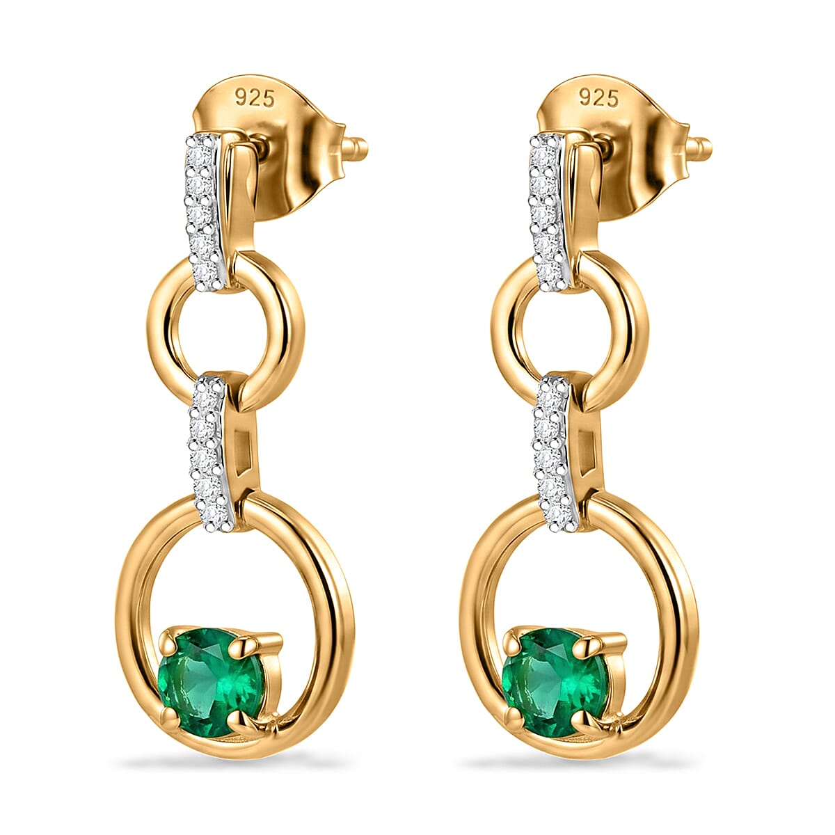 Luxuriant - AAA Lab Grown Columbian Emerald & Lab Grown Diamond (SI-G-H) Dangling Earring with Push Back in 18K Vermeil Yellow Gold Plated Sterling Silver 0.60 Ct.