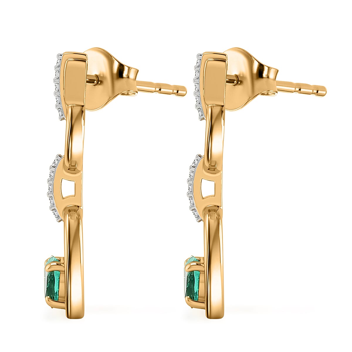 Luxuriant - AAA Lab Grown Columbian Emerald & Lab Grown Diamond (SI-G-H) Dangling Earring with Push Back in 18K Vermeil Yellow Gold Plated Sterling Silver 0.60 Ct.
