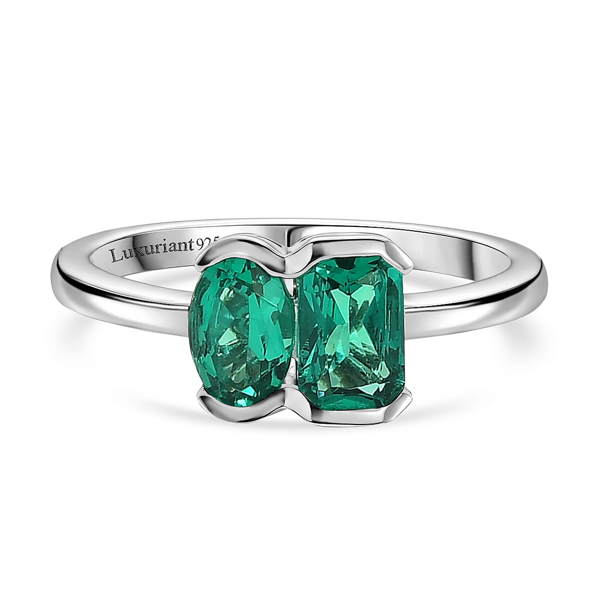 Luxuriant - AAA Lab Grown Columbian Emerald Toi-et-Moi Ring in Rhodium Overlay Sterling Silver