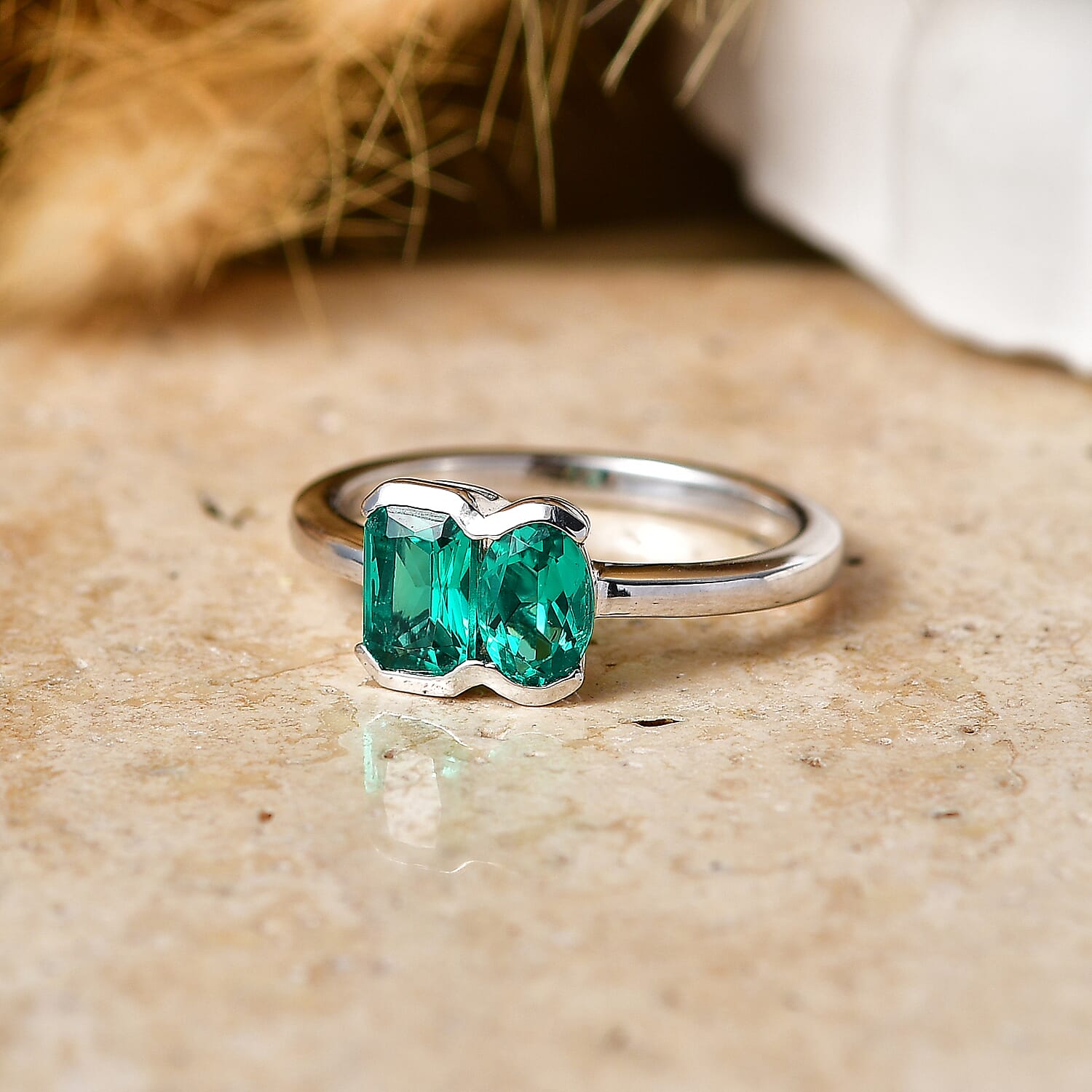 Luxuriant - AAA Lab Grown Columbian Emerald Toi-et-Moi Ring in Rhodium Overlay Sterling Silver