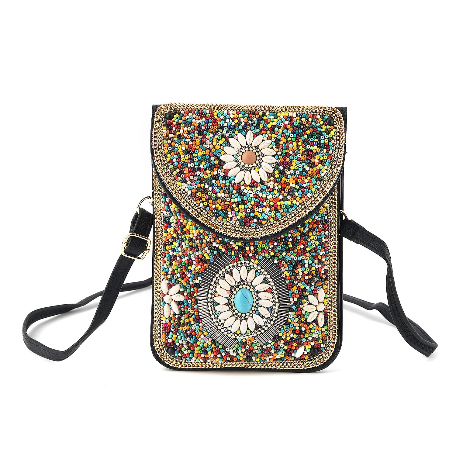 Multicolour Beaded Floral Embroidery Phone Crossbody Bag with Adjustable Strap