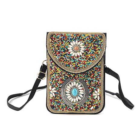 Multicolour Beaded Floral Embroidery Phone Crossbody Bag with Adjustable Strap