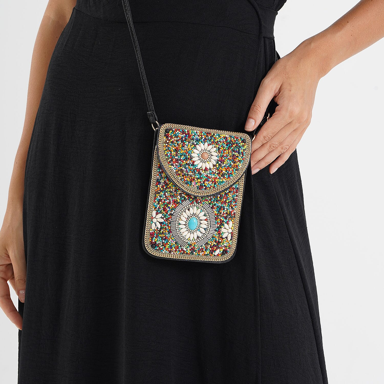 Multicolour Beaded Floral Embroidery Phone Crossbody Bag with Adjustable Strap