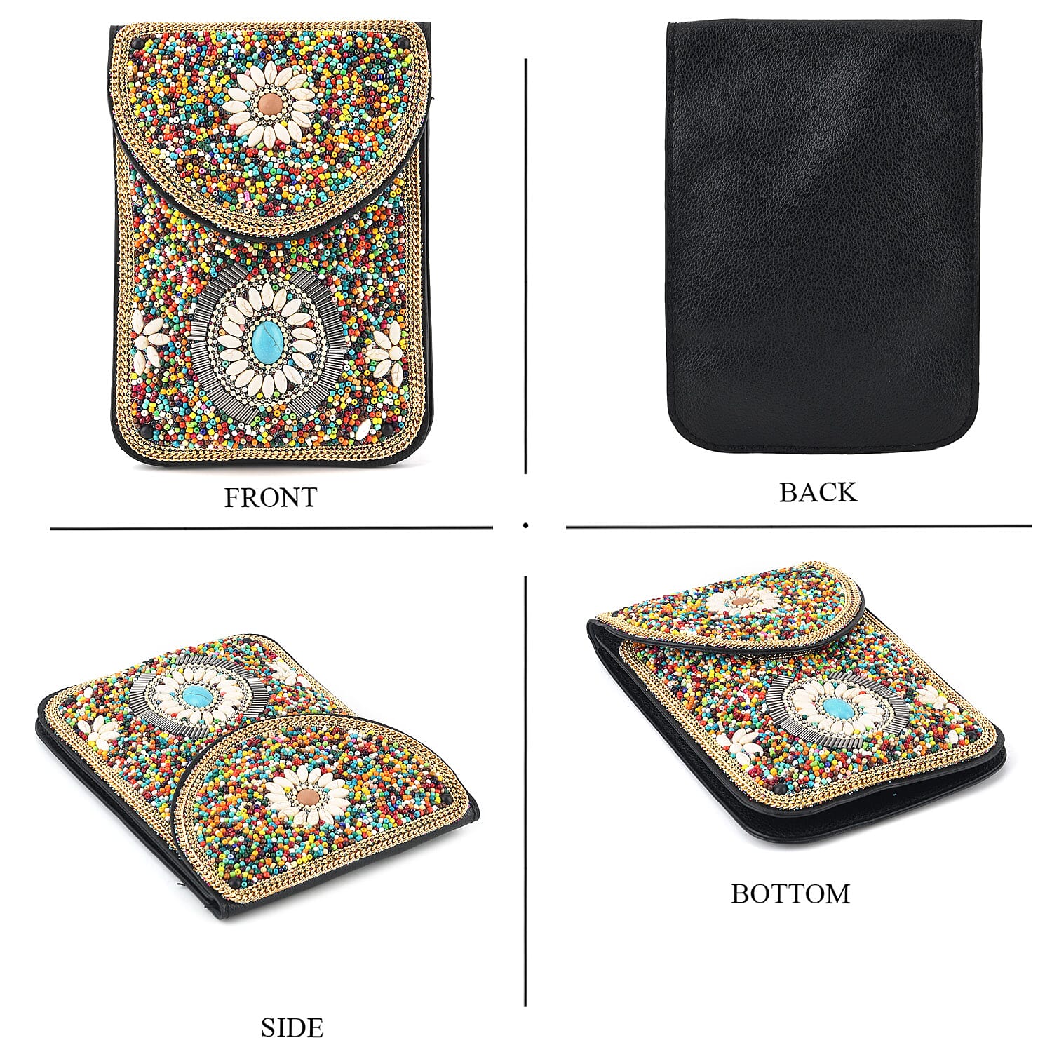 Multicolour Beaded Floral Embroidery Phone Crossbody Bag with Adjustable Strap