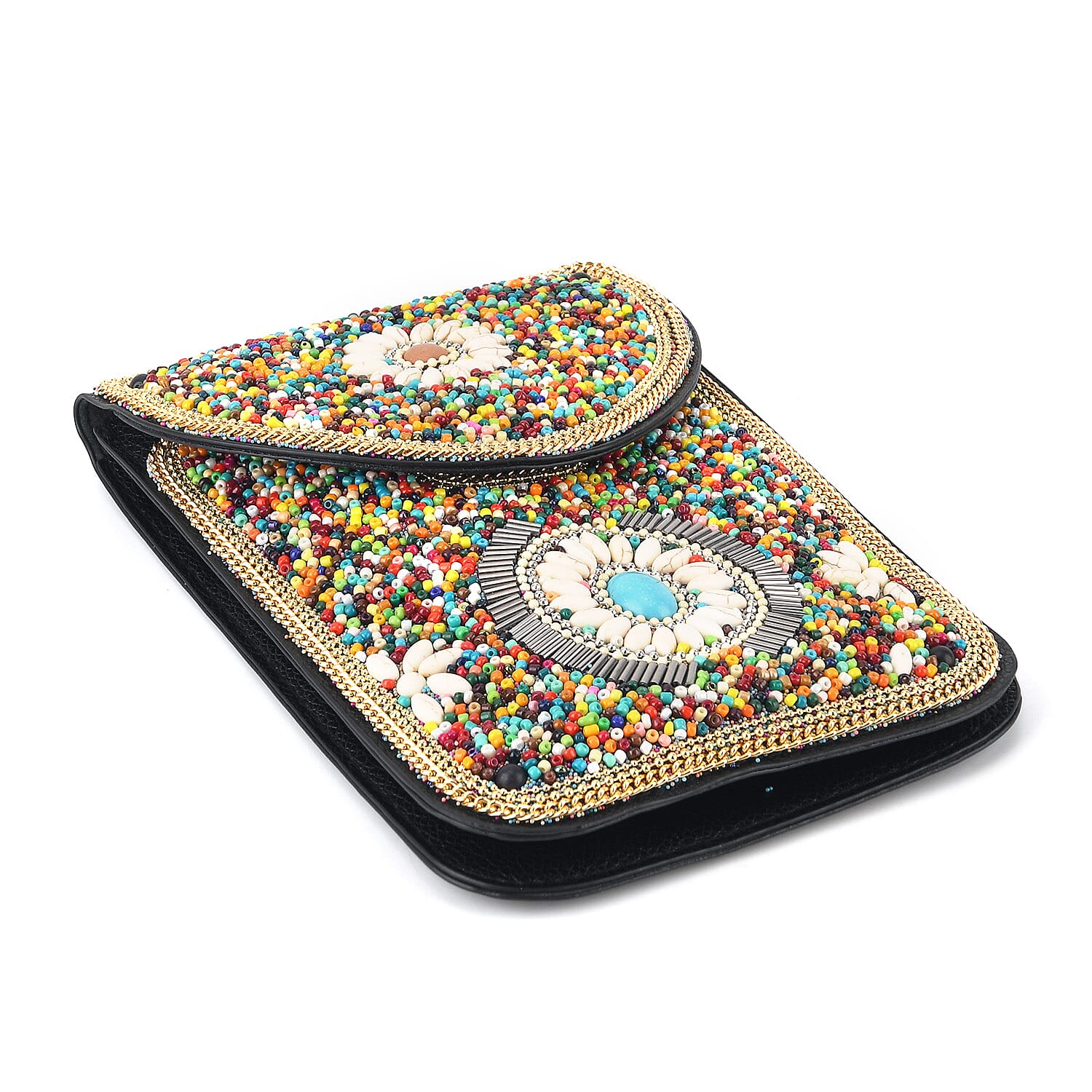 Multicolour Beaded Floral Embroidery Phone Crossbody Bag with Adjustable Strap
