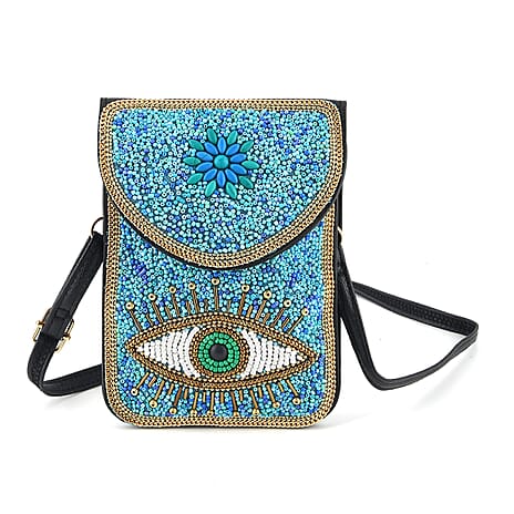 Evil Eye Beaded Phone Crossbody Bag with Adjustable Strap - Blue
