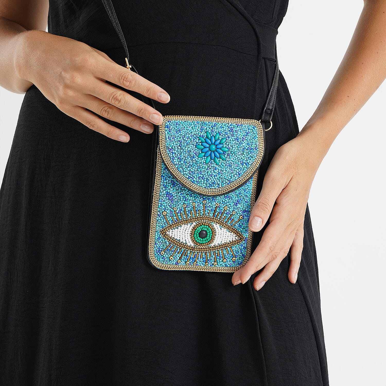 Evil Eye Beaded Phone Crossbody Bag with Adjustable Strap - Blue