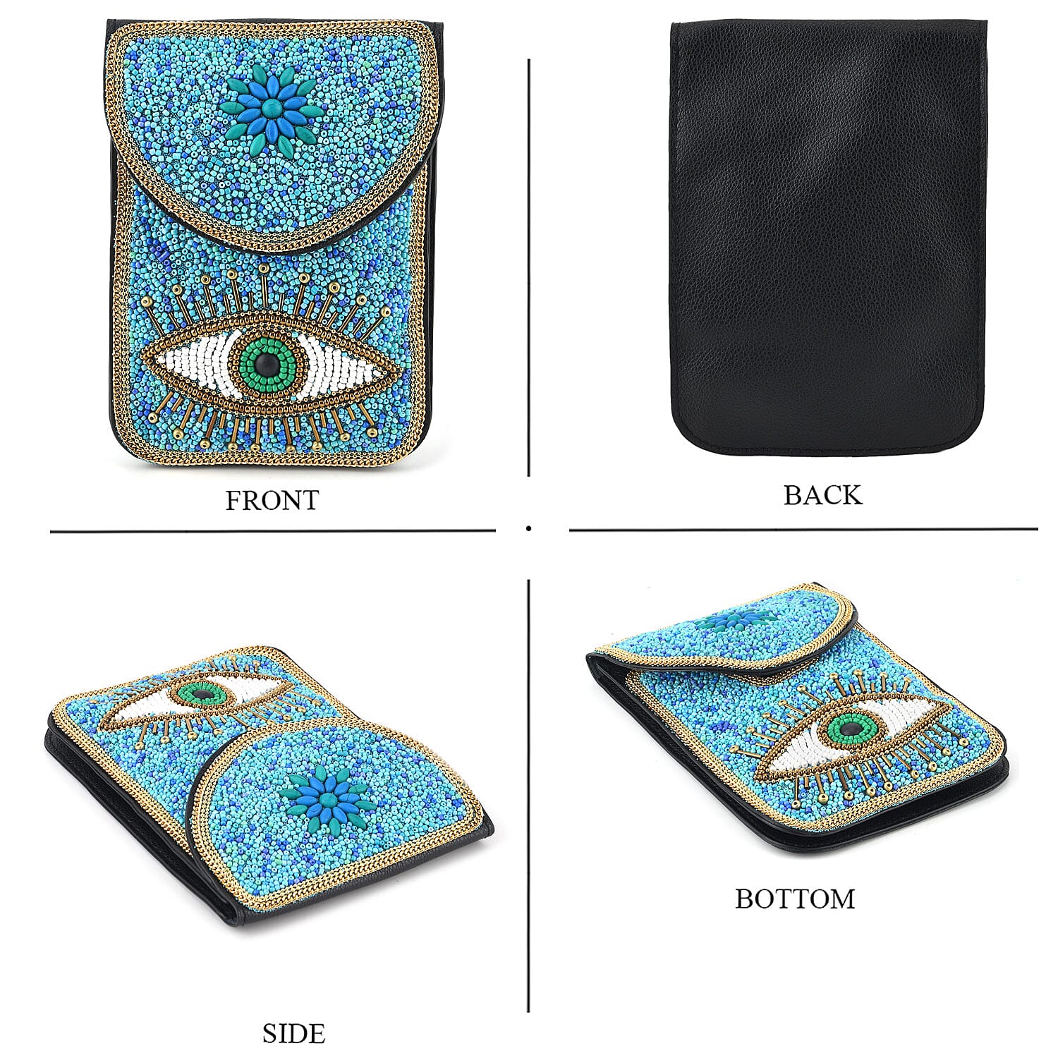 Evil Eye Beaded Phone Crossbody Bag with Adjustable Strap - Blue