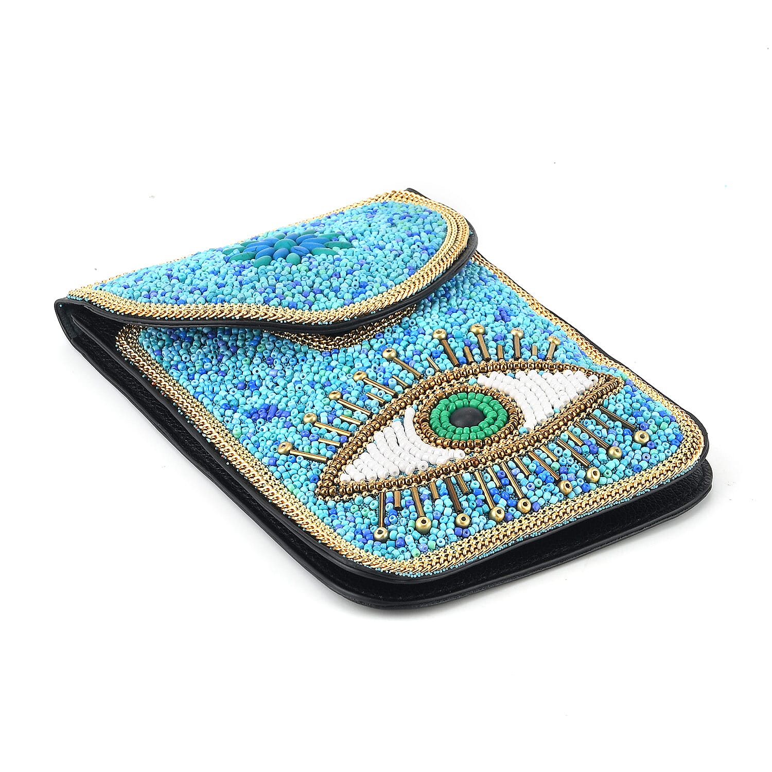 Evil Eye Beaded Phone Crossbody Bag with Adjustable Strap - Blue