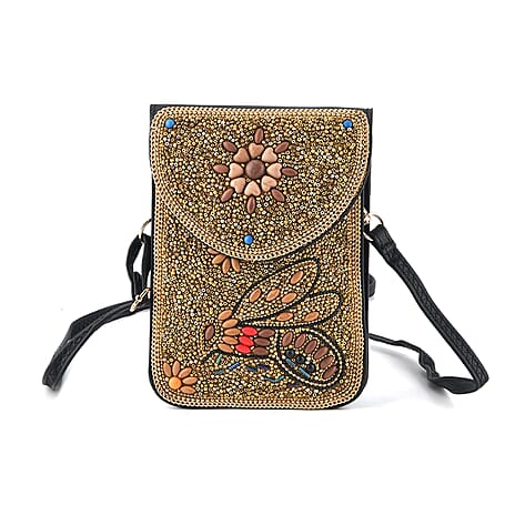 Multicolour Beaded Bee Pattern Embroidery Phone Crossbody Bag with Adjustable Strap - Gold