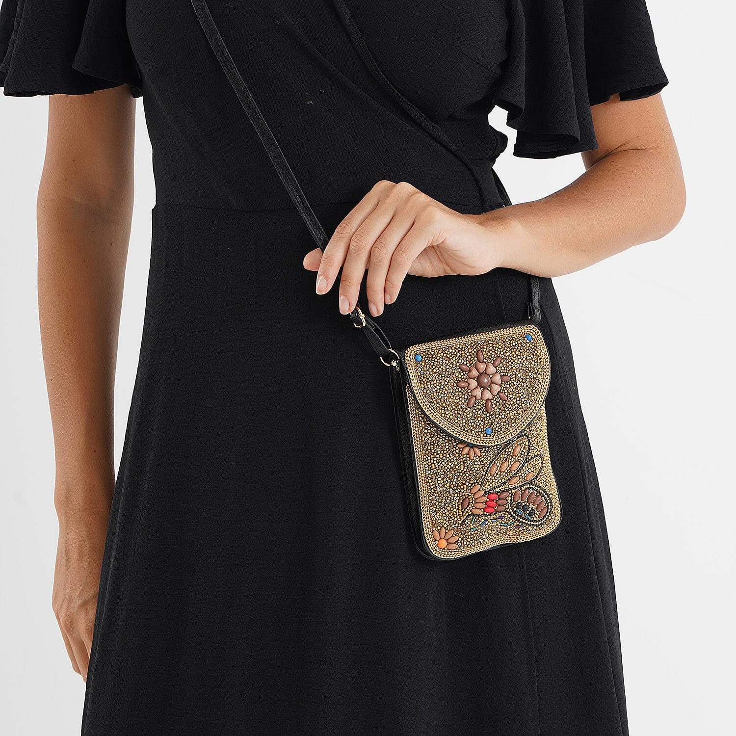 Multicolour Beaded Bee Pattern Embroidery Phone Crossbody Bag with Adjustable Strap - Gold