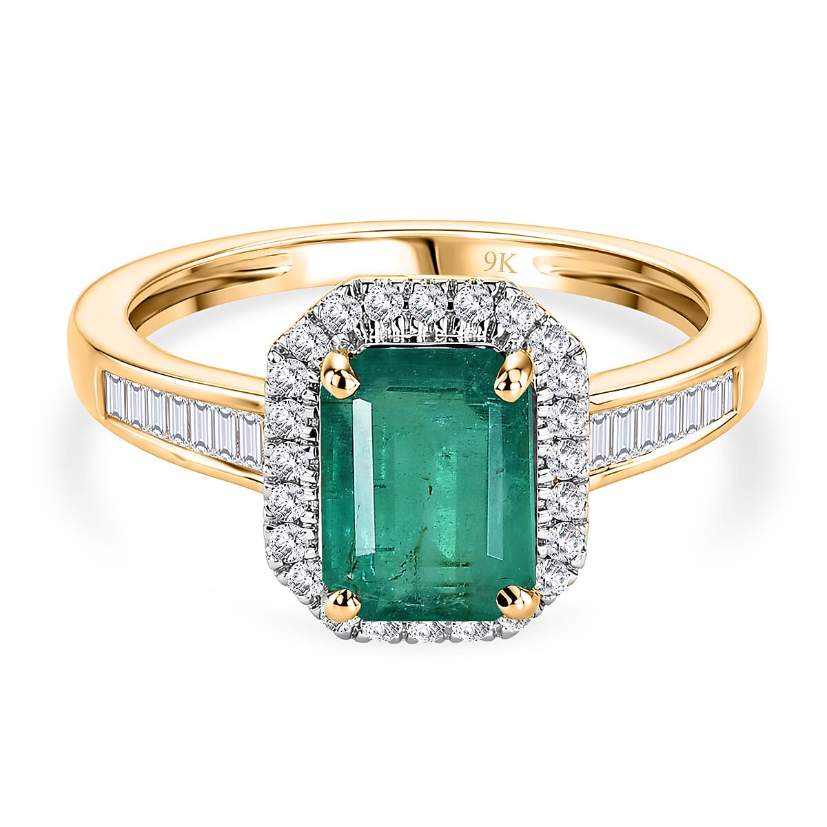9K Yellow Gold AAA Zambian Emerald & White Diamond Halo Ring 1.87 Ct.