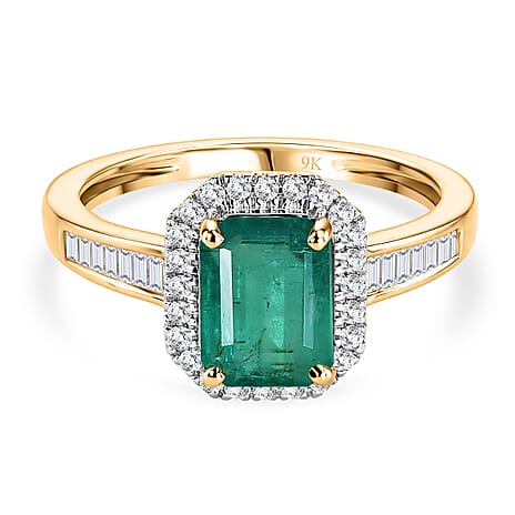 9K Yellow Gold AAA Zambian Emerald & White Diamond Halo Ring 1.87 Ct.